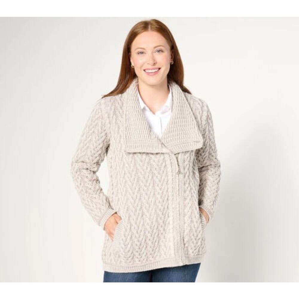 Aran Crafts Merino Asymmetrical Zip Sweater Cardigan Natural/Stone XXL A668672